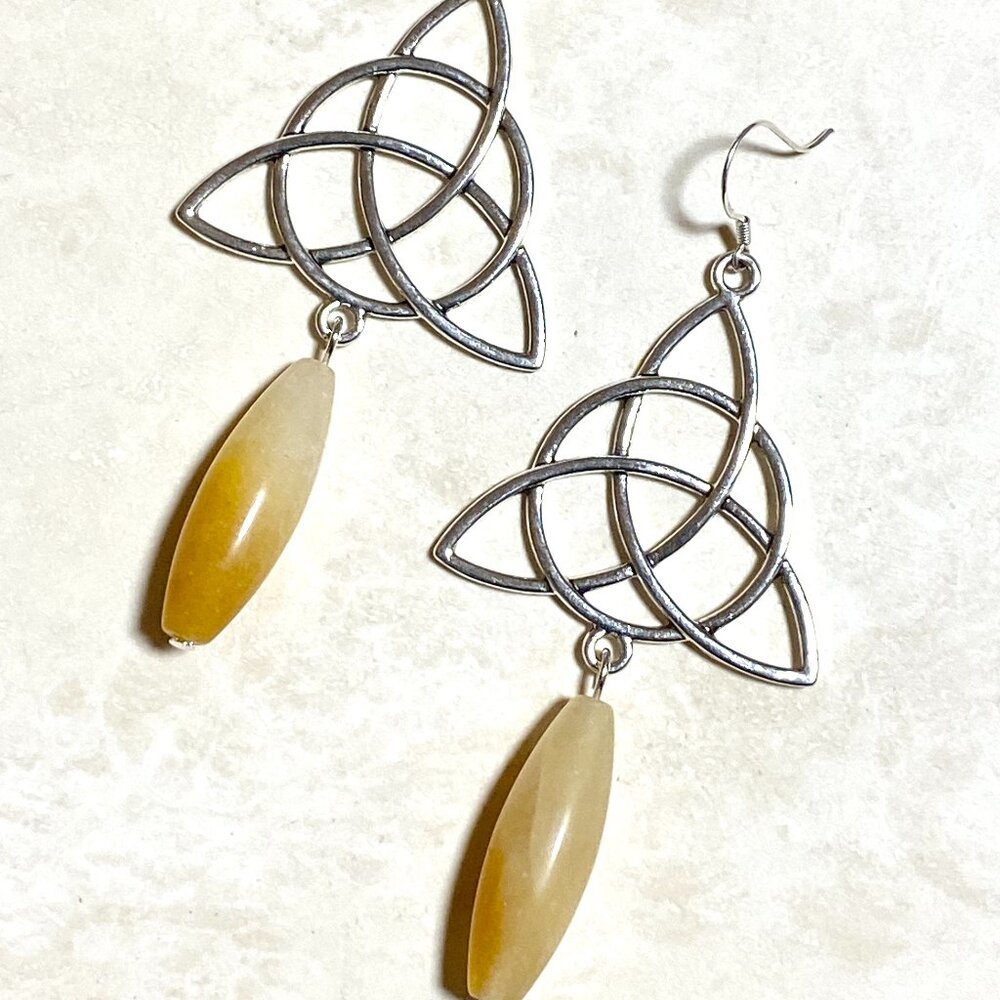 2/$20, Genuine Yellow Iridescent Aventurine Celtic Trinity Silver Earrings